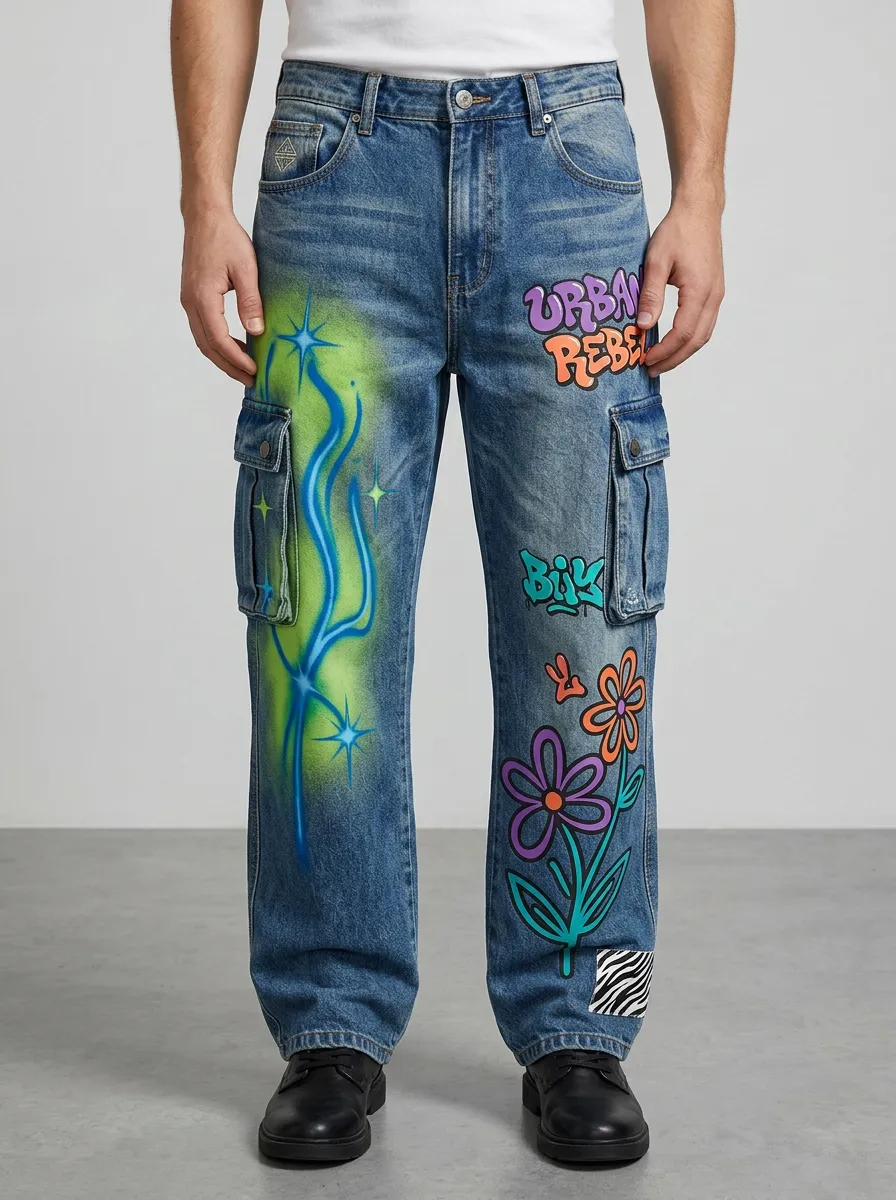 Men's Streetwear Urban Rebel Graffiti Flower Graphic Cargo Jeans