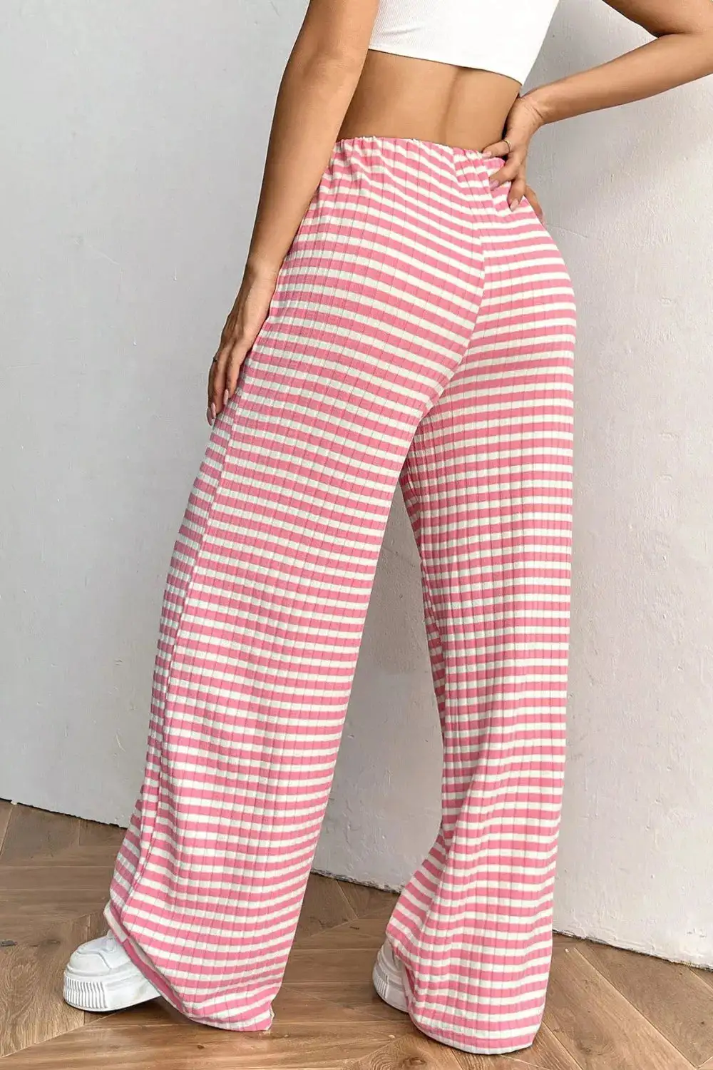 Ribbed Knit Drawstring Wide Leg Pants