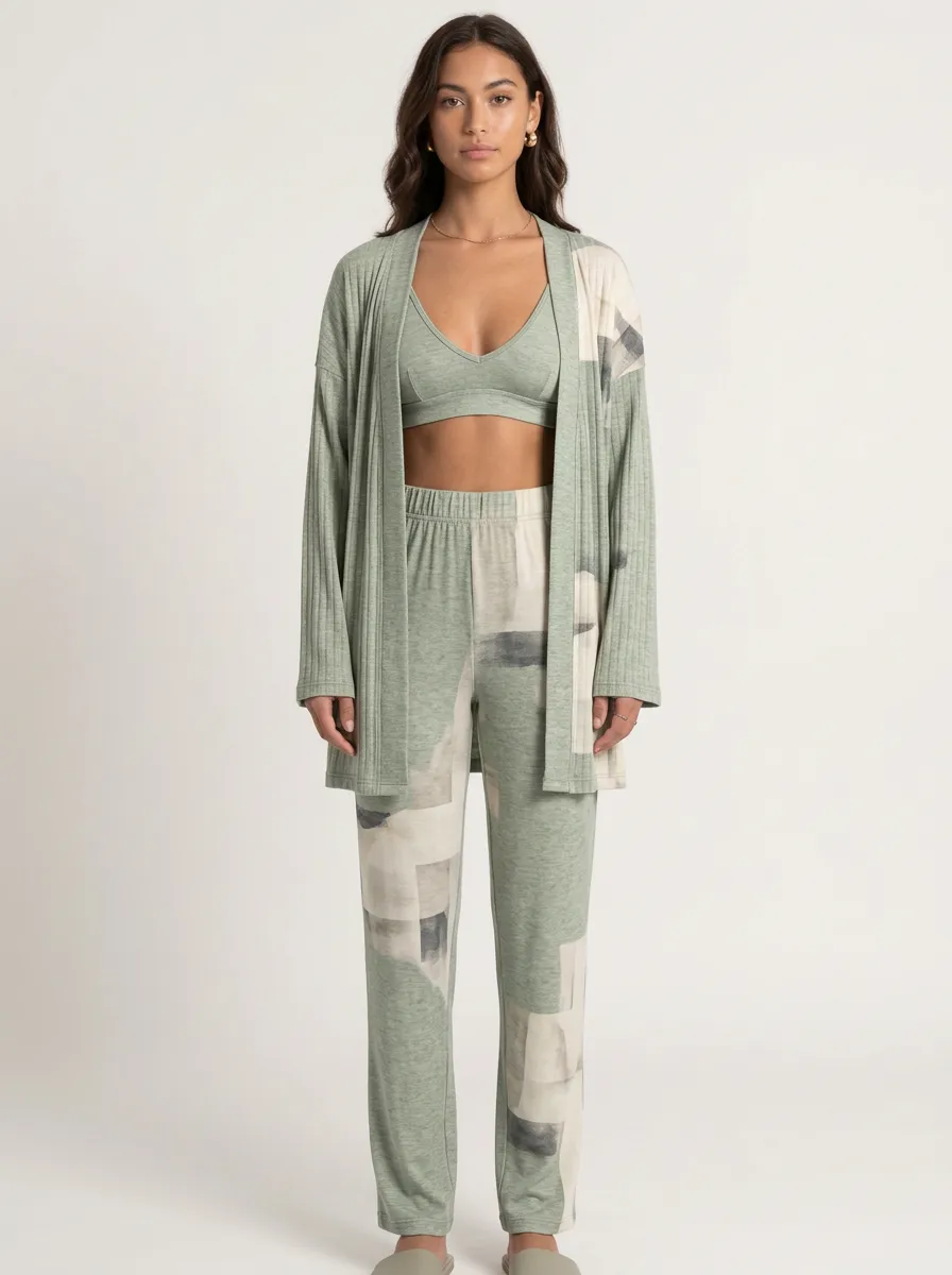 Ribbed Geometric Cardigan Lounge Set