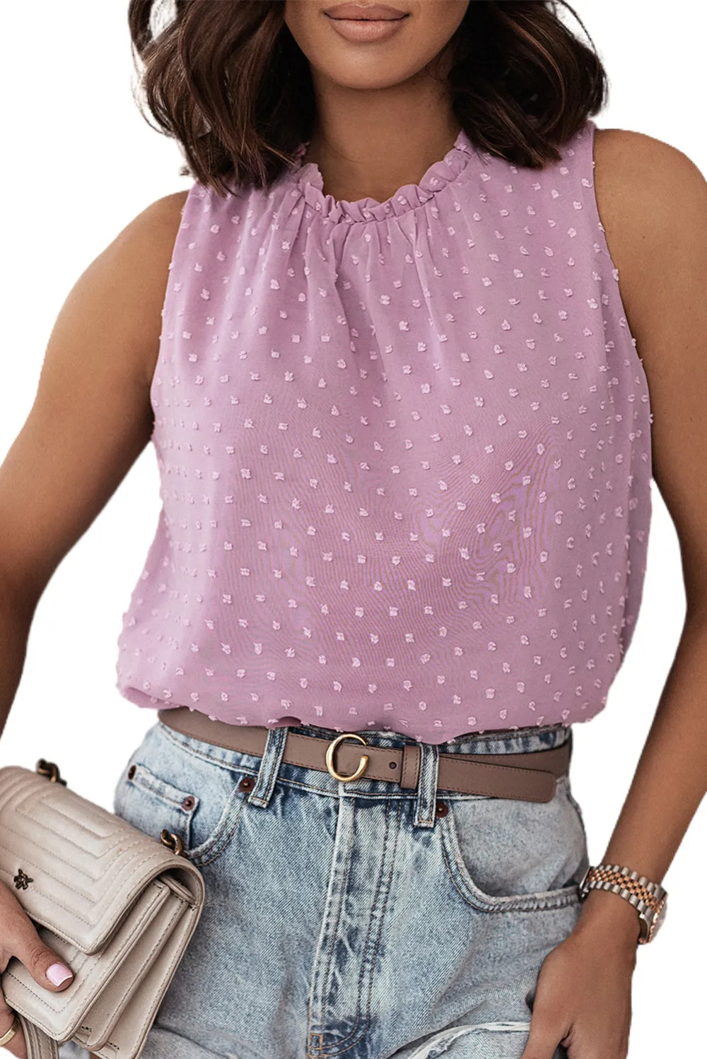 Pink Swiss Dot Sleeveless Ruffle Tank Top
