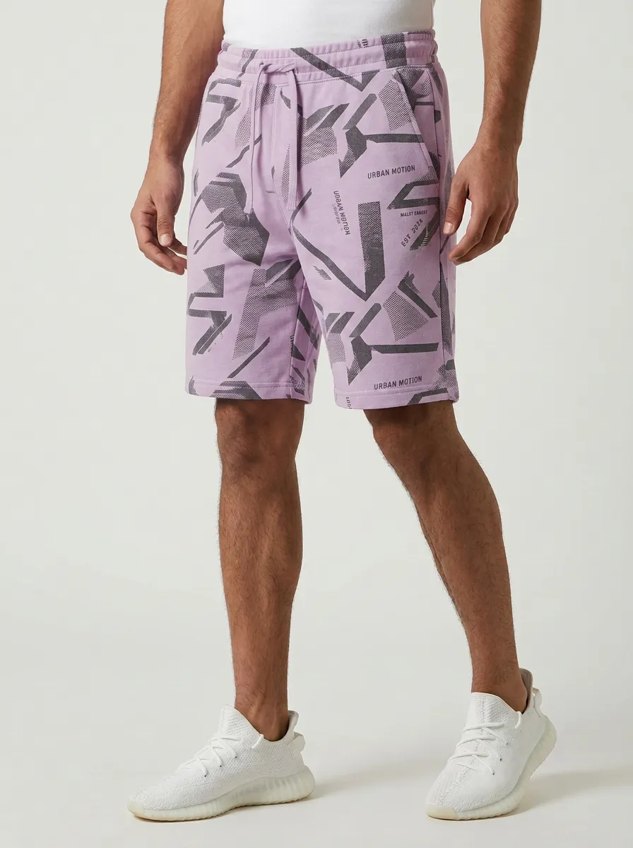 Men's Geometric Running Drawstring Relaxed-Fit Printed Sweat Shorts