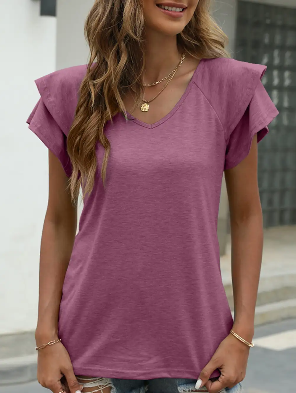 V Neck Double Layer Ruffle Sleeve Tank Top