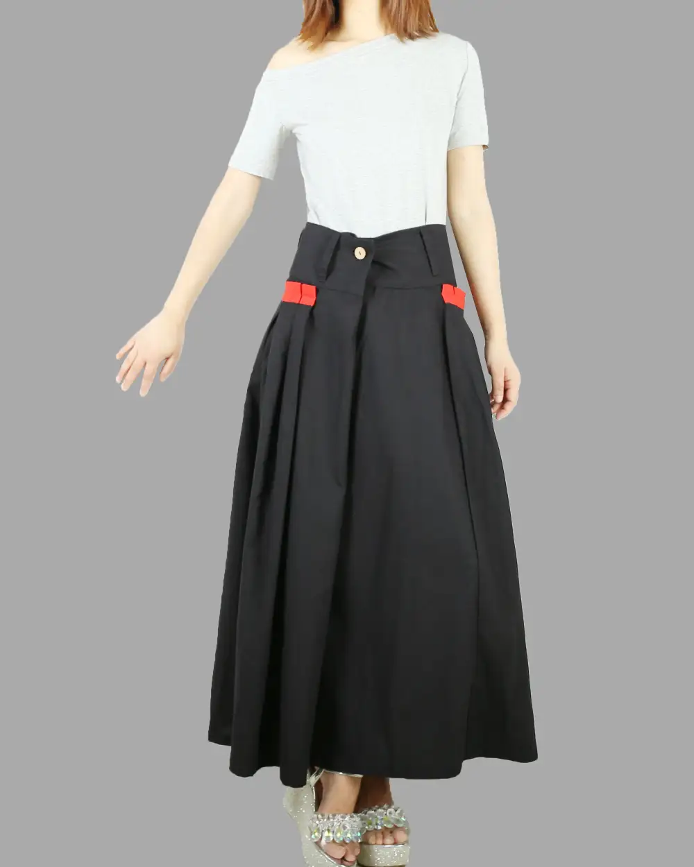 Pleated Linen A Line Maxi Skirt
