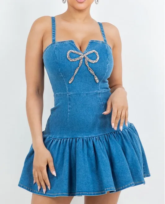 Versatile Rhinestone Accent Denim Mini Dress