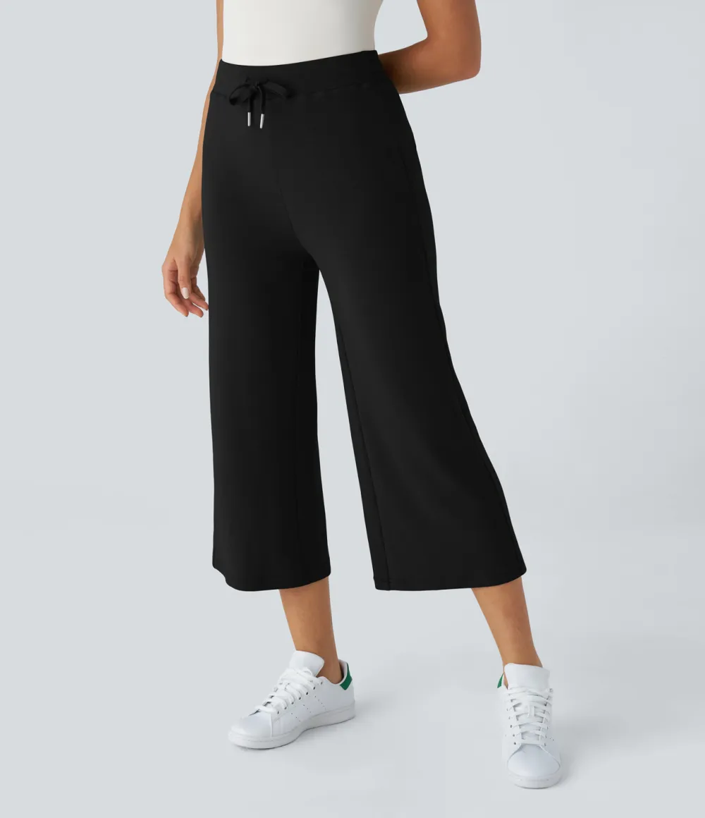High Waisted Drawstring Capri Work Wide Leg Pants