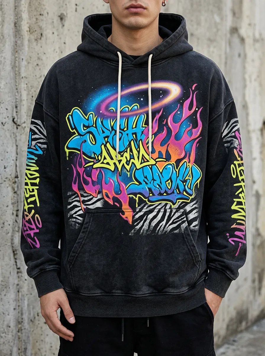 Unisex Streetwear Graffiti Halo Flame Zebra Graphic Hoodie
