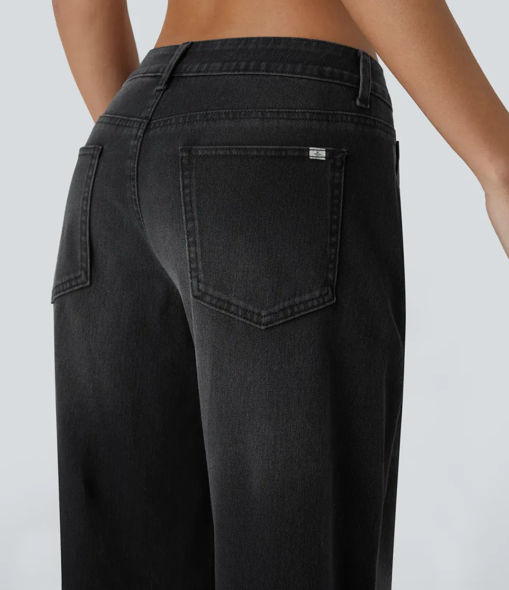 2026🔥  Low-rise wide-leg asymmetric jeans with button, zip, and multiple pockets; stretch knit fabric with a washed finish.
