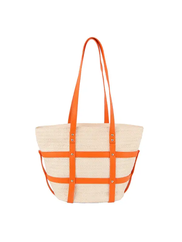 Woven Straw Faux Leather Beach Tote Bag