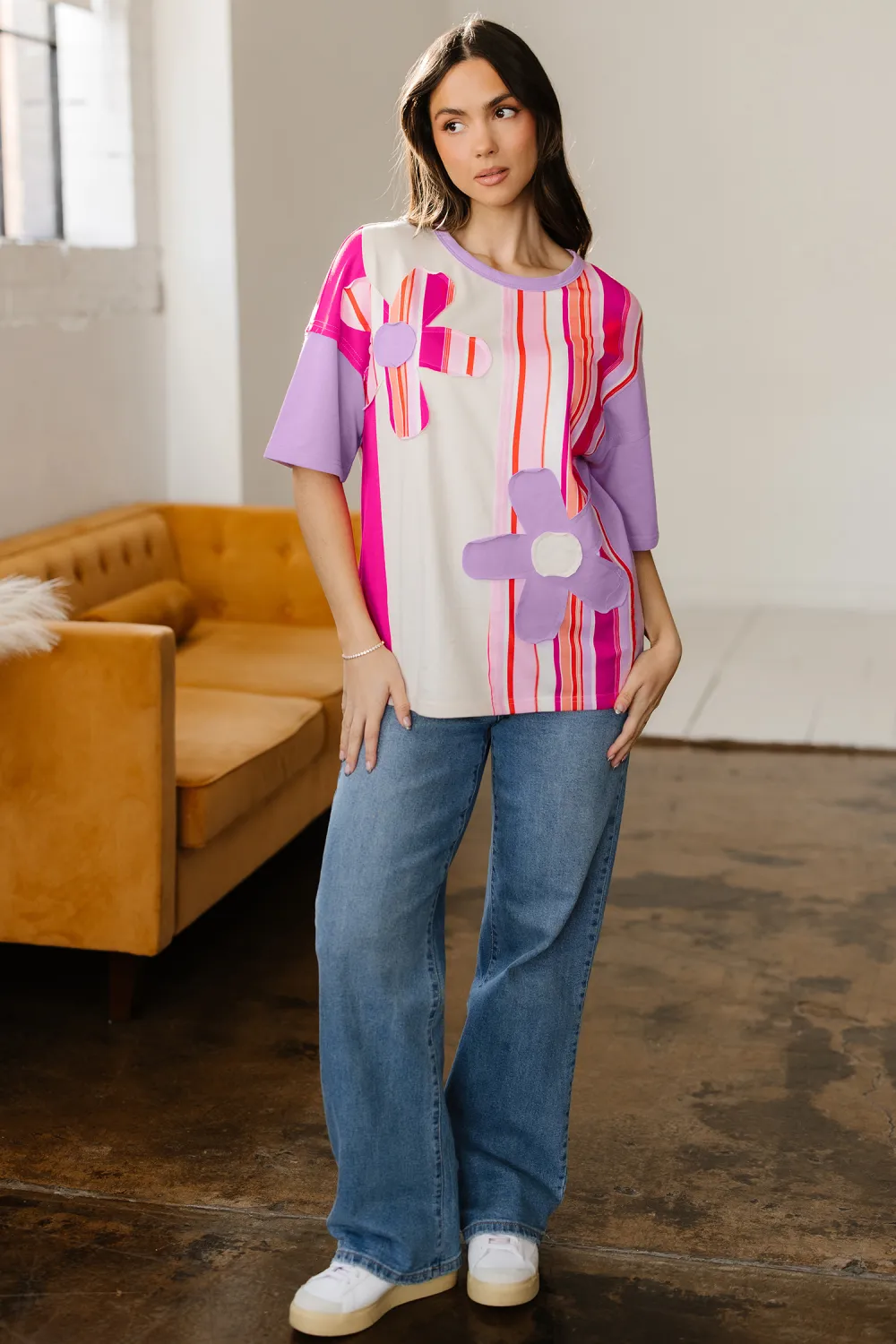 Pink Striped Block Flower Patched Top