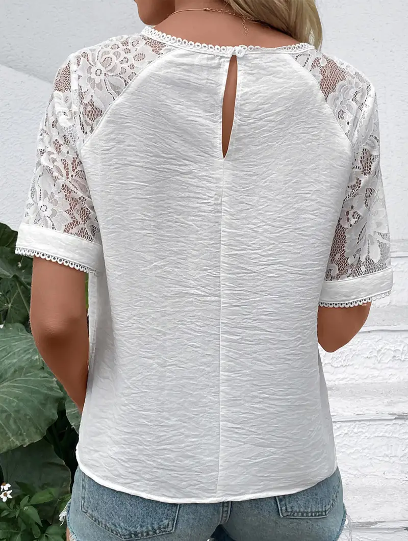 Crew Neck Lace Trimmed Pullover Blouse