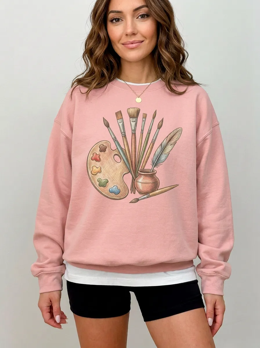 Women's Artist Painting Palette Brushes Feather Graphic Sweatshirt