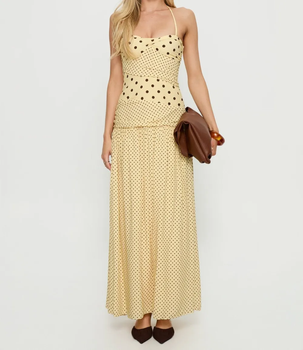 Lemon and Brown Polka Dot Halter Maxi Dress