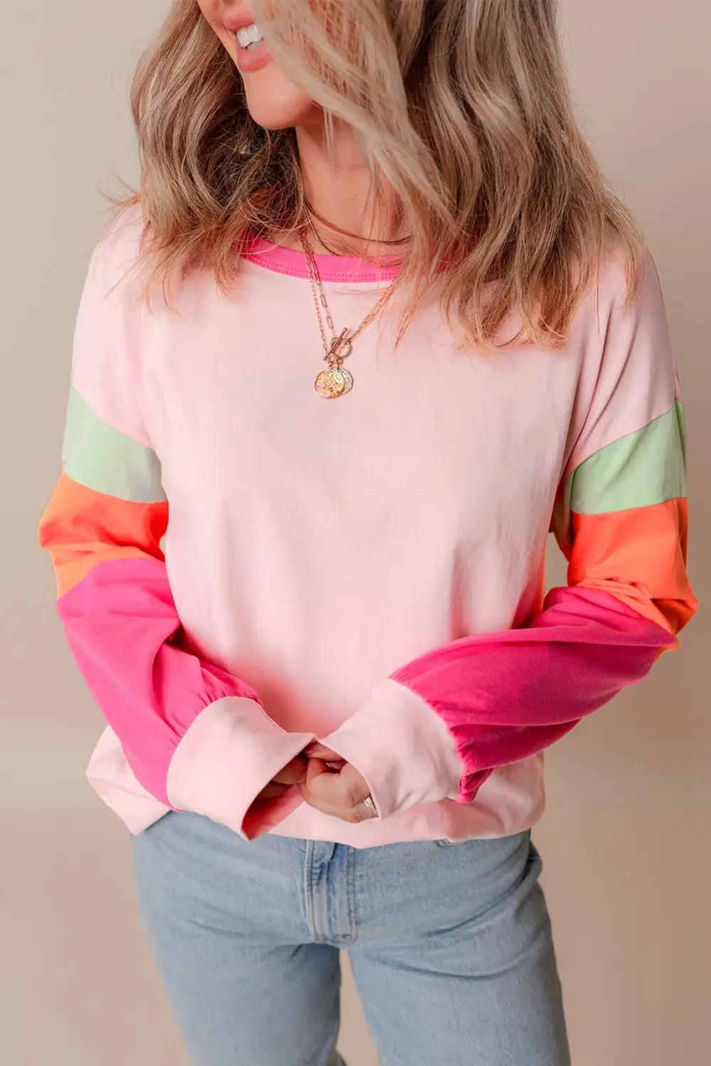 Women's Colorblock Long Sleeve Loose Fit Top