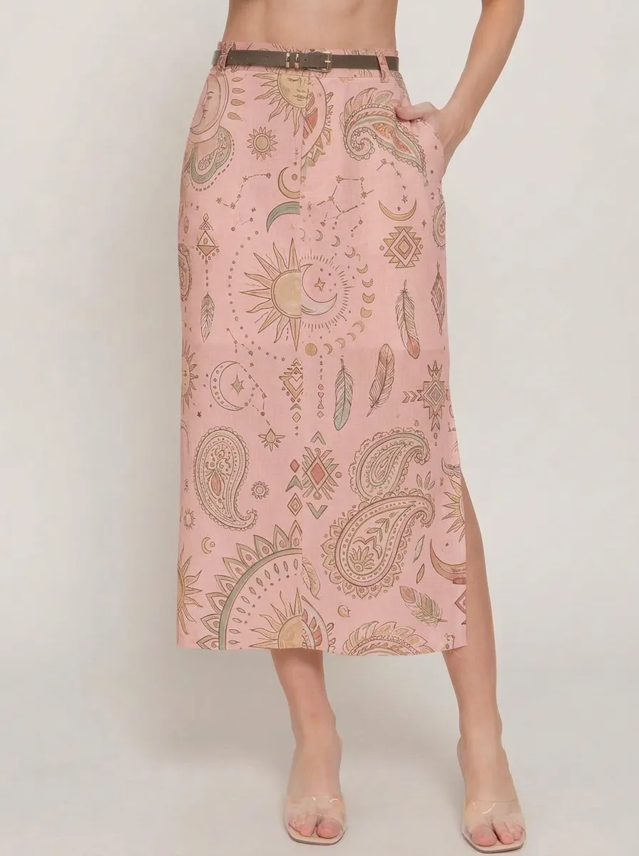 Women's Boho Celestial Sun Moon Paisley Printed Midi Skirt