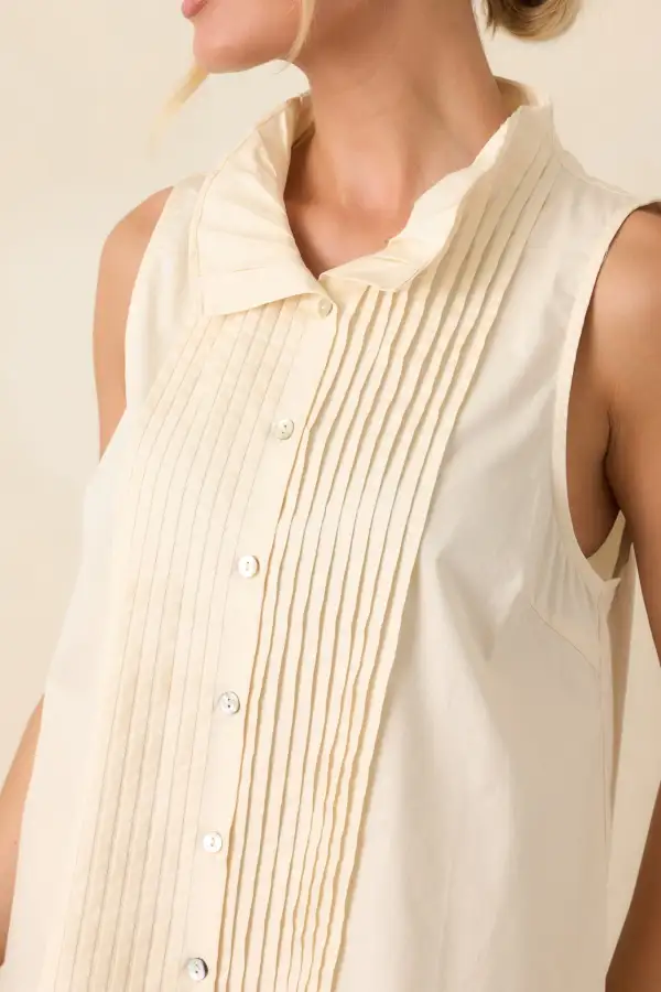 Pintuck Button-Front Sleeveless Cotton Blouse