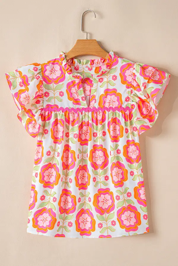 Rose Floral Ruffled Sleeve  Trim Split Neck Loose Blouse