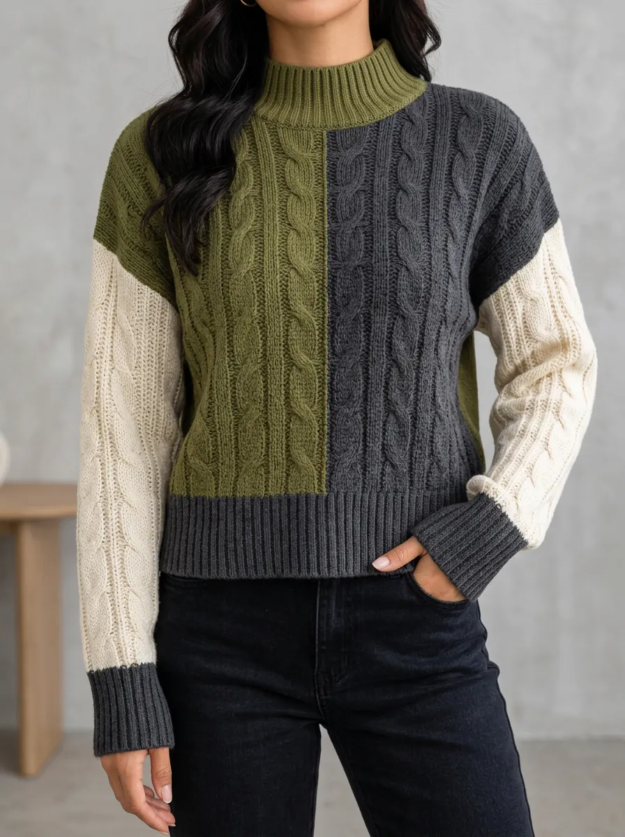 Modern Colorblock Cable Knit Mock Neck Sweater