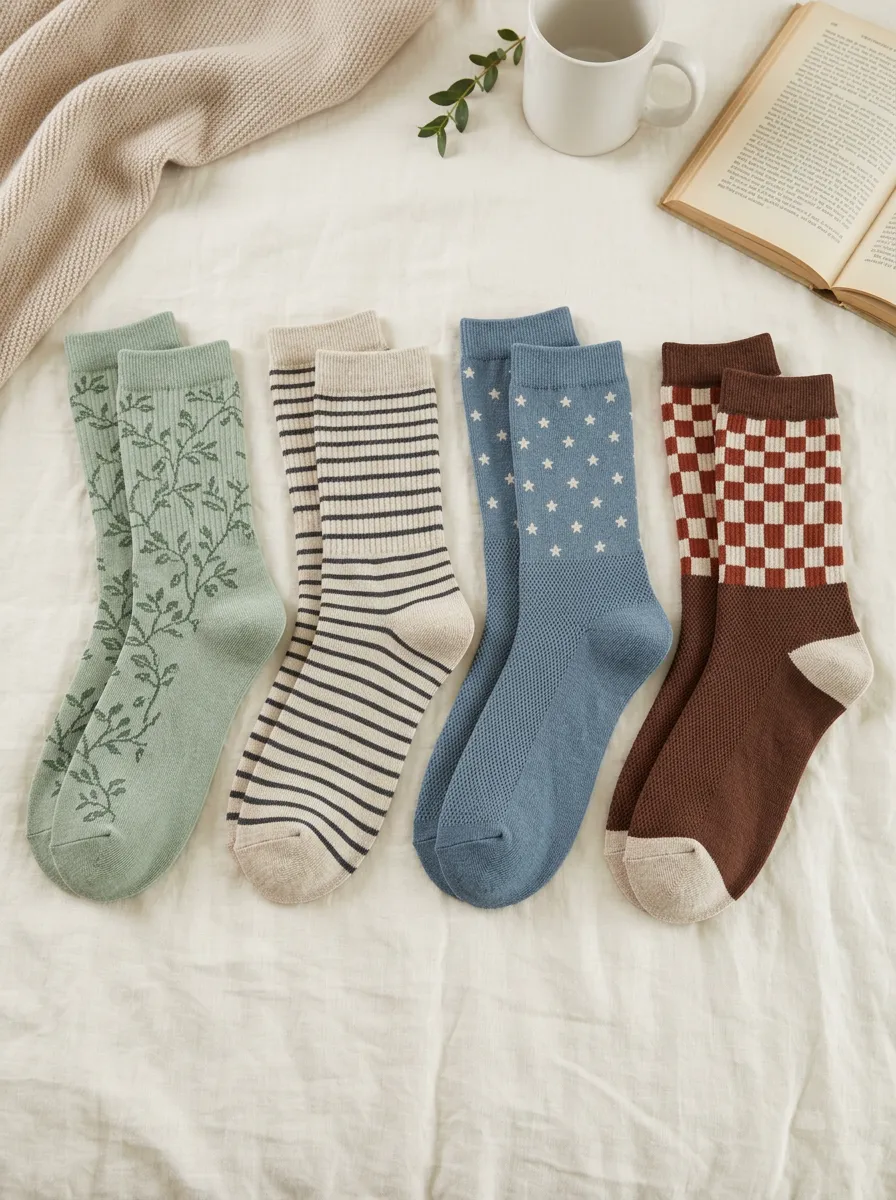 Women's Vintage Style Floral Striped Star Checkered Printed Socks Set