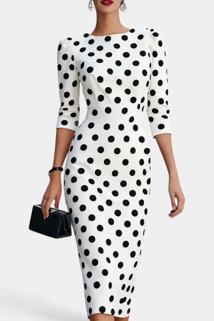 Polka-Dot Round-Neck Midi Dress