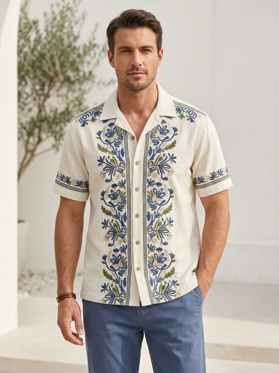 Men's Boho Inspired Floral Boho Embroidered Short Sleeve Shirt