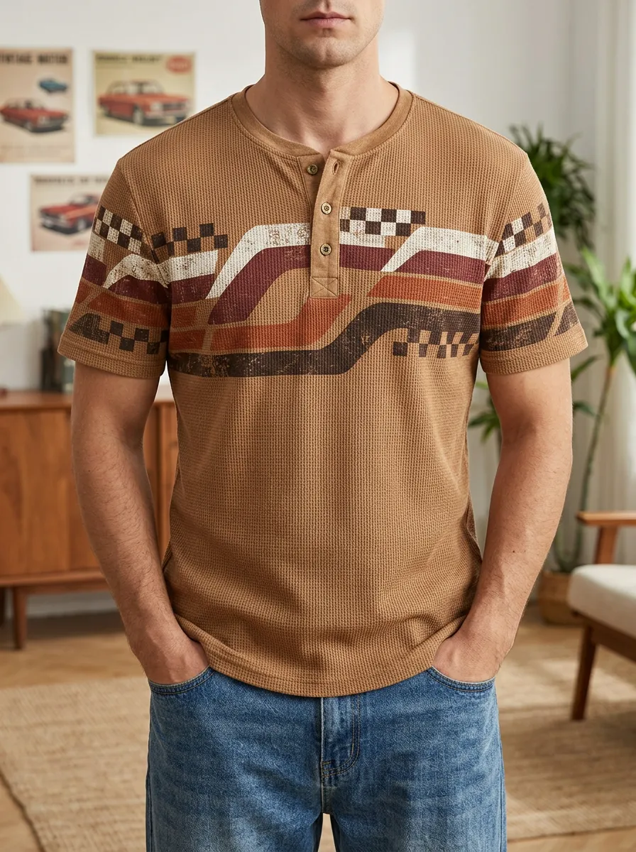 Men's Retro Geometric Striped Waffle Knit Printed Henley T-shirt