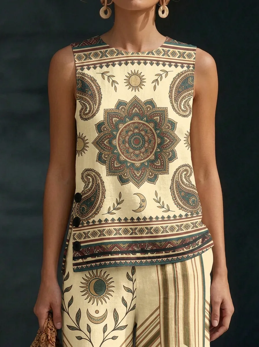 Women's Bohemian Mandala Sun Moon Printed Sleeveless Set