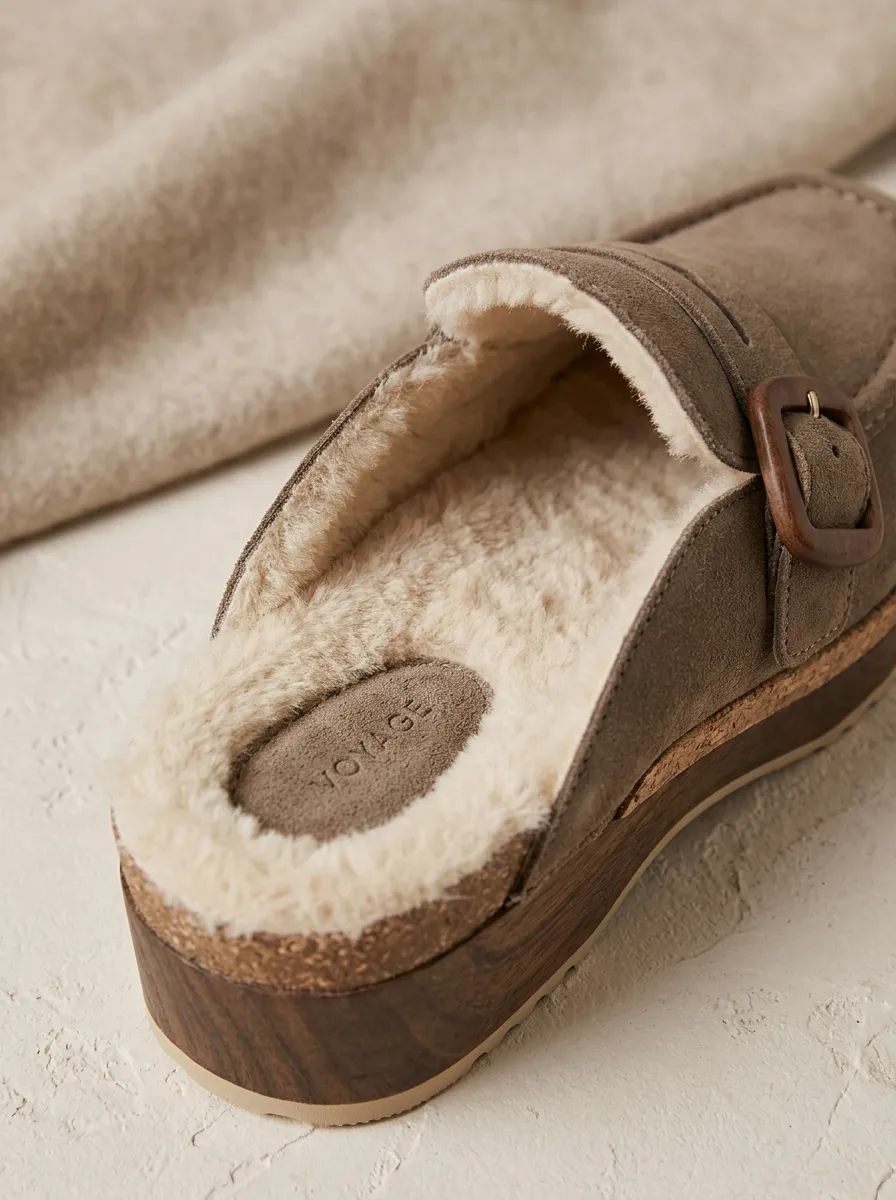 Women's Classic Faux Fur Lined Buckle Detail Clog Style Winter Suede Wood Sole Loafers