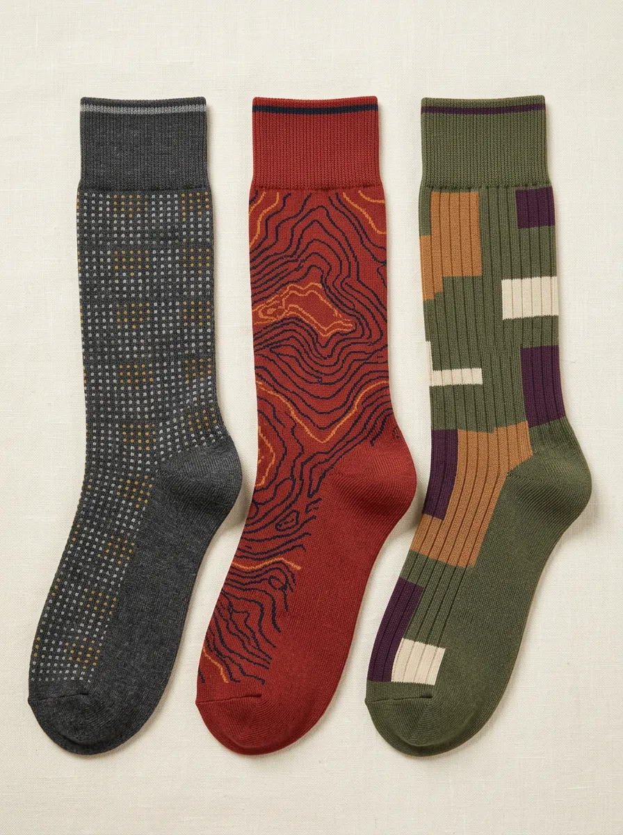 Men's Topographic Lines Map Lines Three-Pair Crew Socks