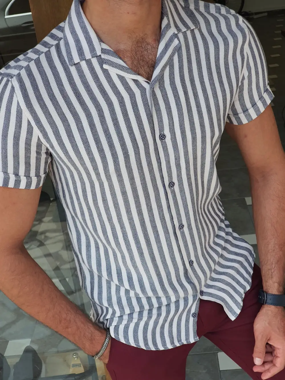 Relaxed Slim Fit Striped Cotton Casual Shirt