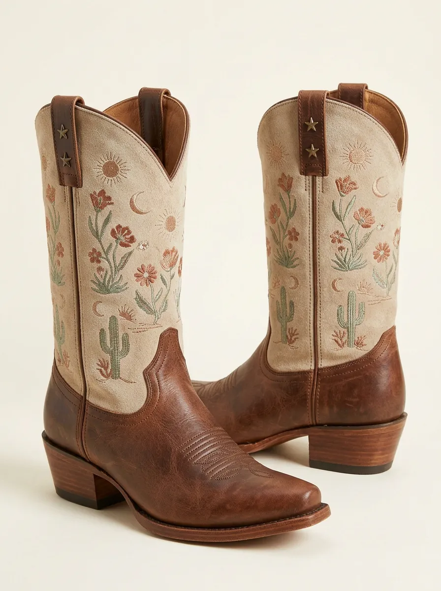 Canyon Cactus Floral Star Silhouette Unisex Western Cowboy Boots