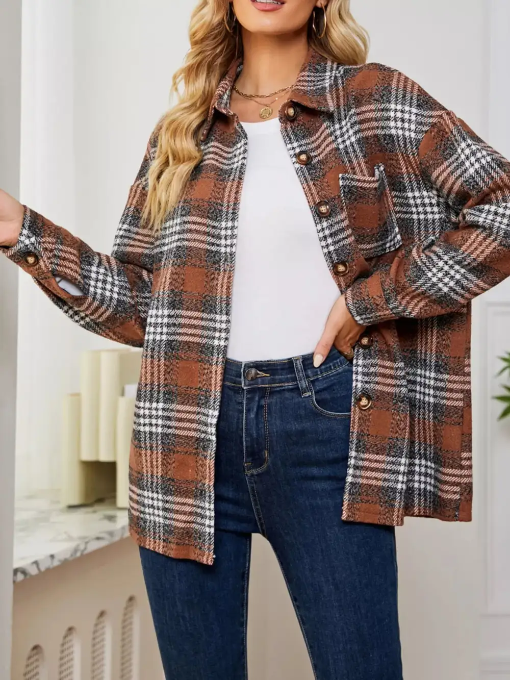 Plaid Button Front Shacket Jacket