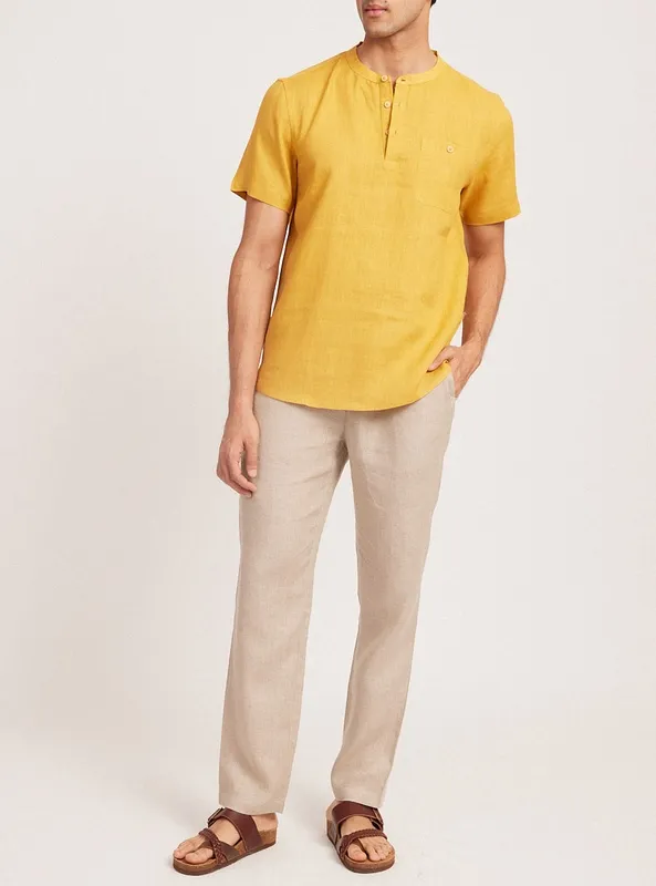 Mustard Linen Band Collar Shirt
