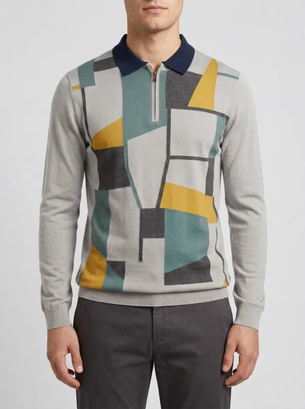 Men's Geometric Pattern Colorblock Printed Long Sleeve Polo Shirt