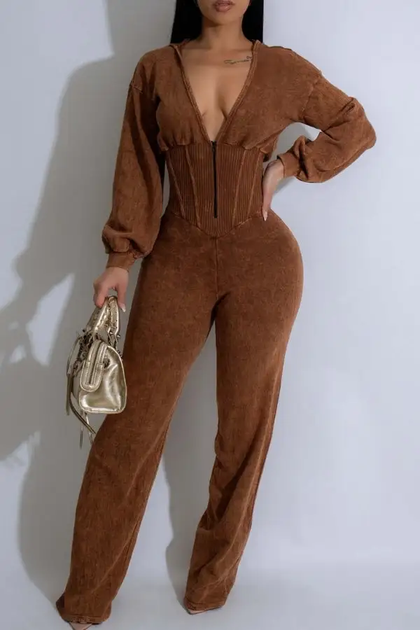Hooded Patchwork Long Sleeve Jumpsuit