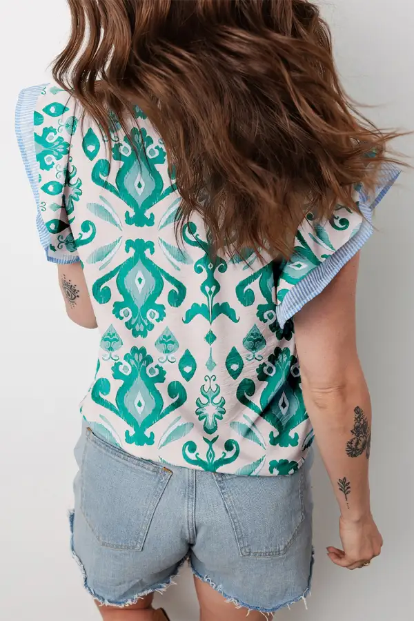 Women's Striped Flutter Sleeve Contrast Trim Top
