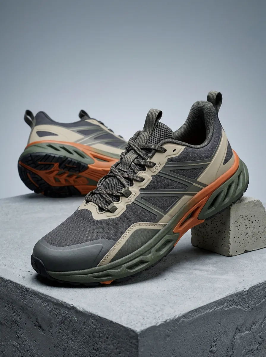 Men's Outdoor Hiking Olive Orange Colorblock Printed Sneakers