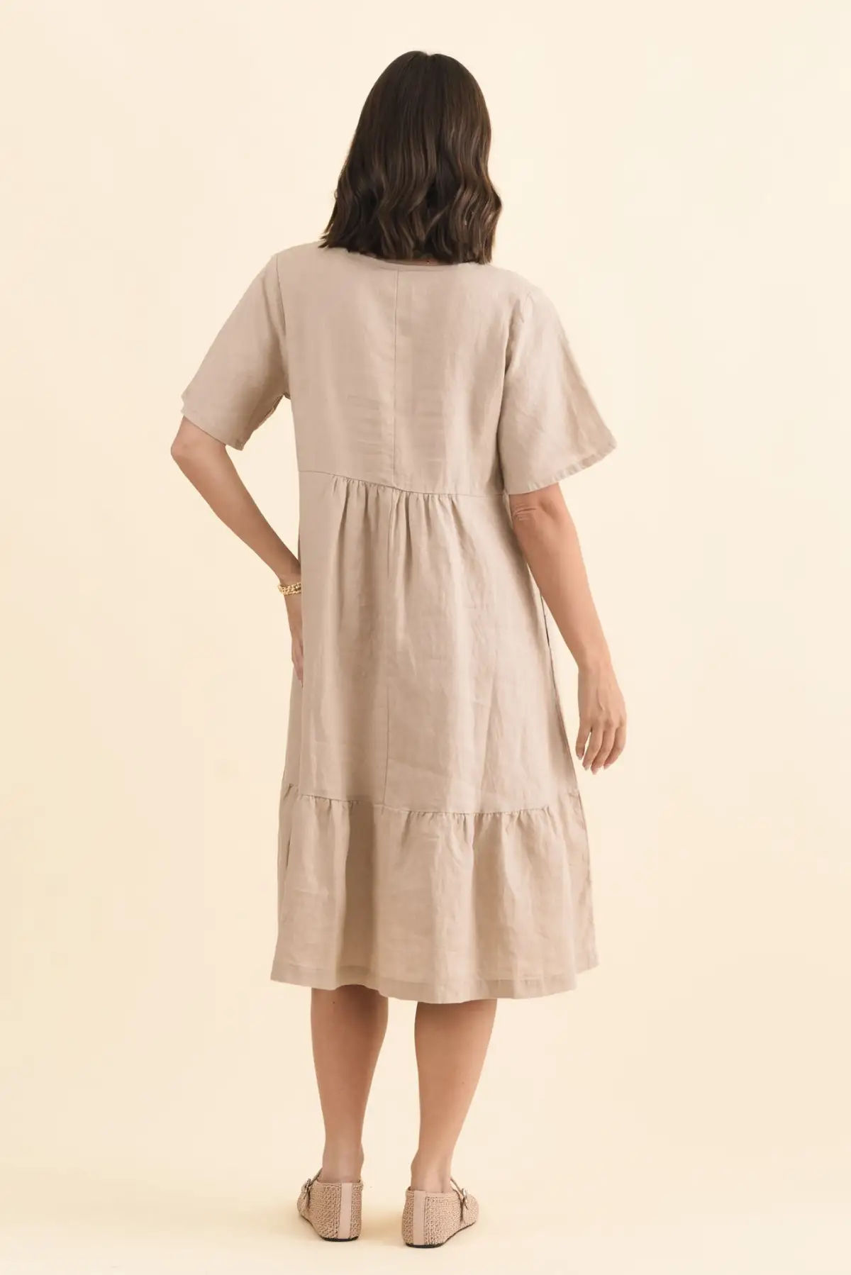 Pleated Linen Below-Knee Pocket Tiered V-Neck Half-Sleeve Dress