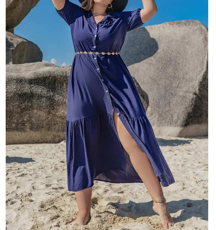 Plus Size Collared Neck Short Sleeve Midi Dress