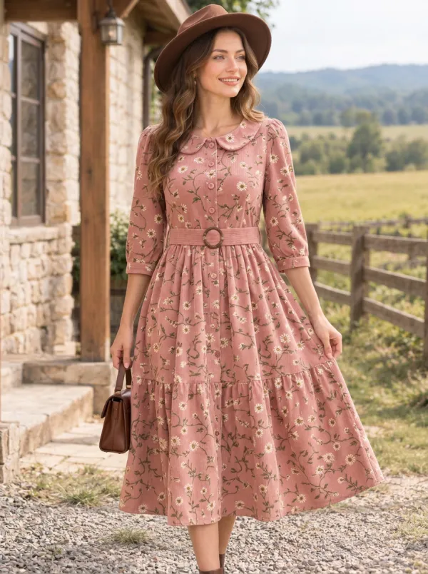 Women's Burgundy Vintage Floral Corduroy High-Waist 3/4 Sleeve Midi Dress