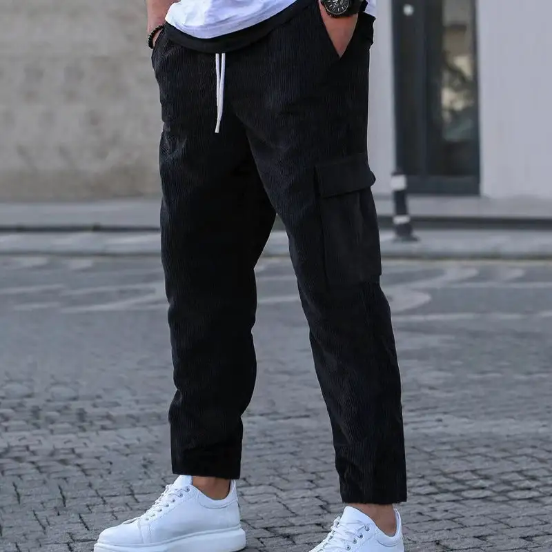 Men's Corduroy Jogger-style Pants Waistband Cargo Pockets Leg Cargo Pants