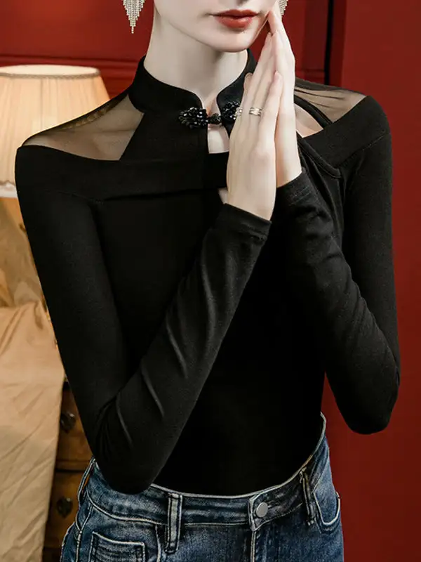 Long Sleeve Curve Fit Cutout Panel Detail Mock Neck T-Shirt