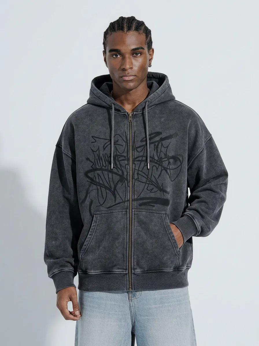 Men's Streetwear Graffiti Art Washed Black Printed Zip-up Hoodie