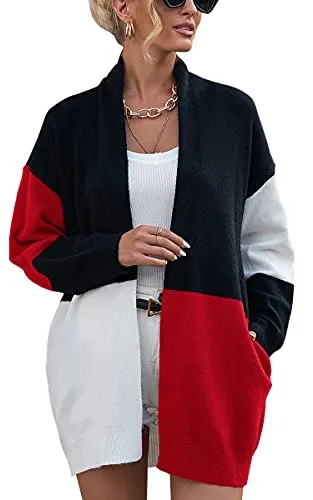 Womens Cardigan Color Block Striped Draped Kimono Cardigans Long Sleeve Open Front Casual Knit Sweaters Coat Outwear