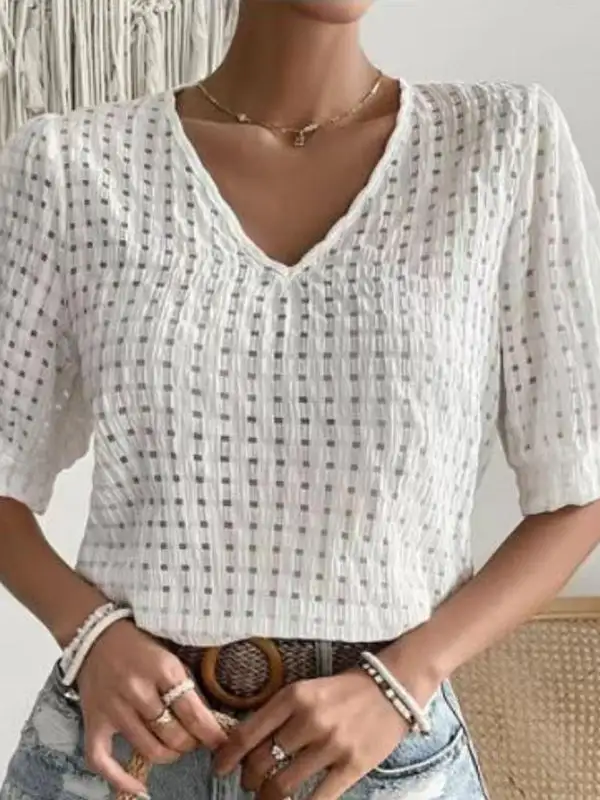 Relaxed Short Sleeve Cutout Panel Detail V-Neck Polyester T-Shirt