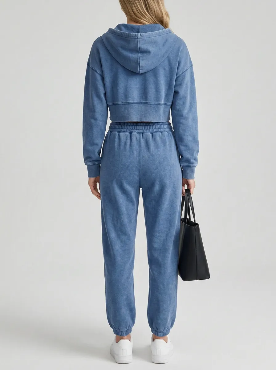Cropped Acid-Wash Jogger Women's Cropped Zip-Up Hoodie Jogger Active Set
