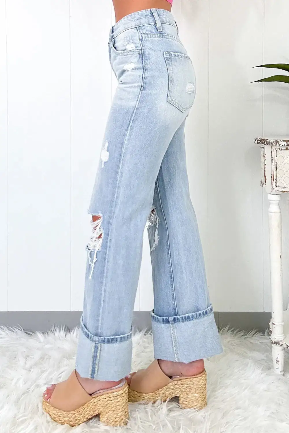 Tailored High Waist Distressed Pocketed Denim Jeans