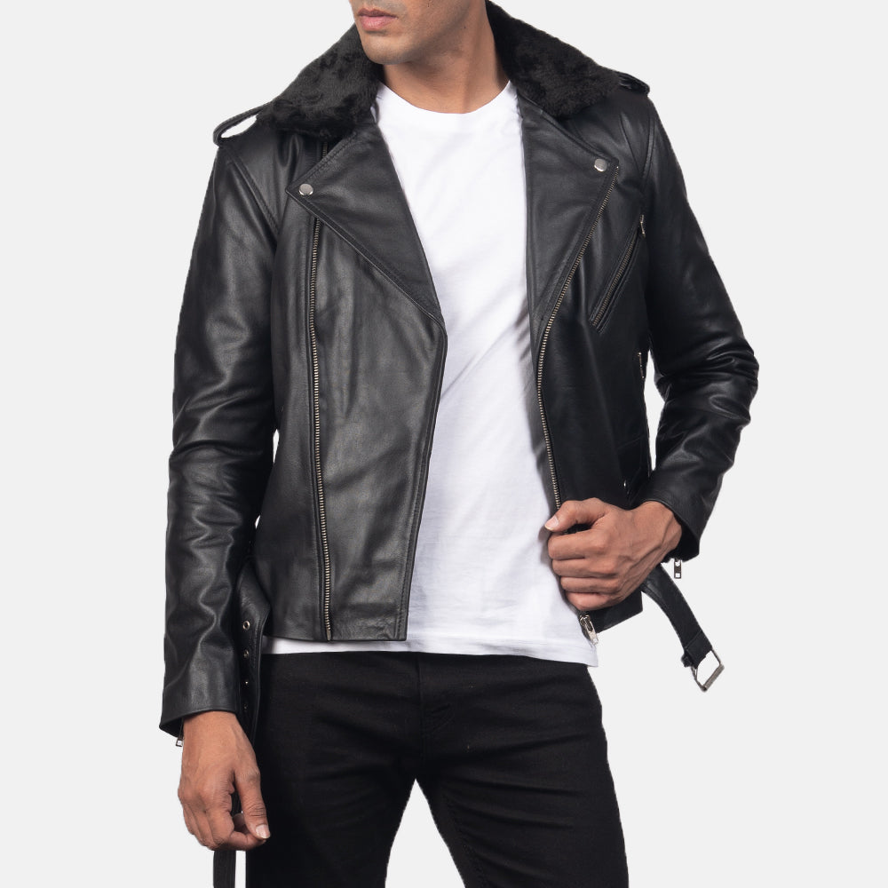 Men's Classic Biker Leather Fur Trim Jacket