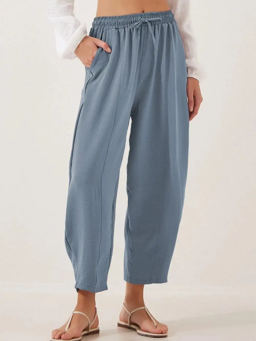 Full Size Drawstring Wide Leg Cropped Pants Plus Size