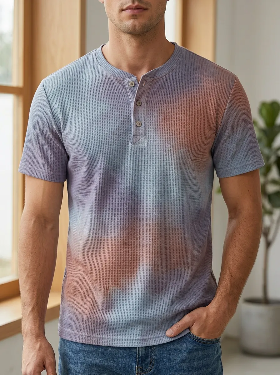 Men's Graphic Casual Style Tie-Dye Waffle Knit Henley T-Shirt