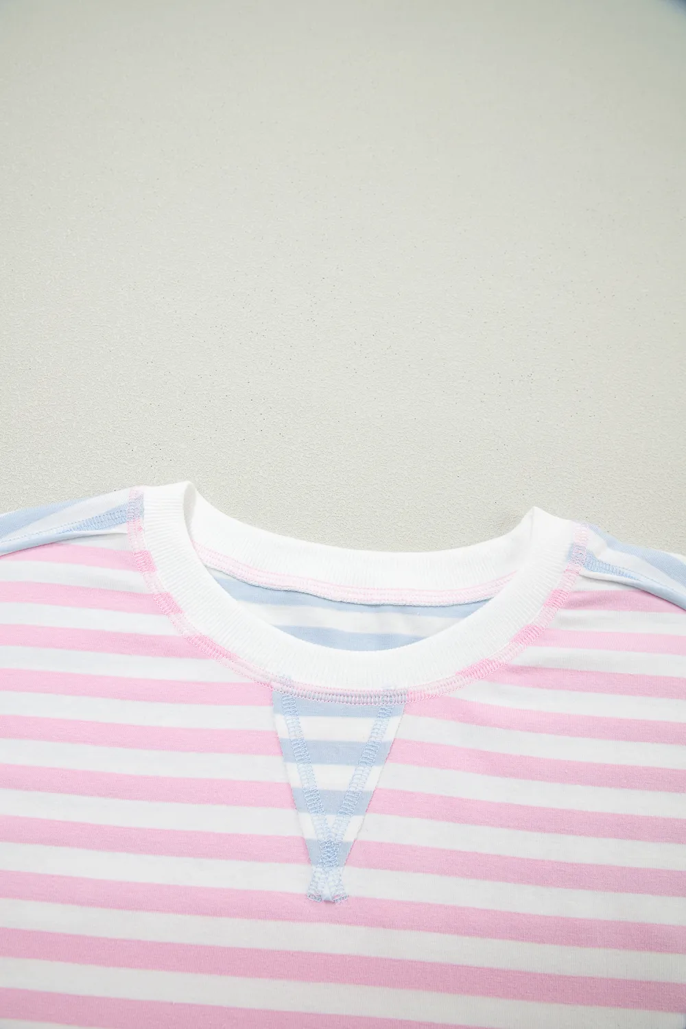 Stripe Oversize Dolman Sleeve Patchwork Tee